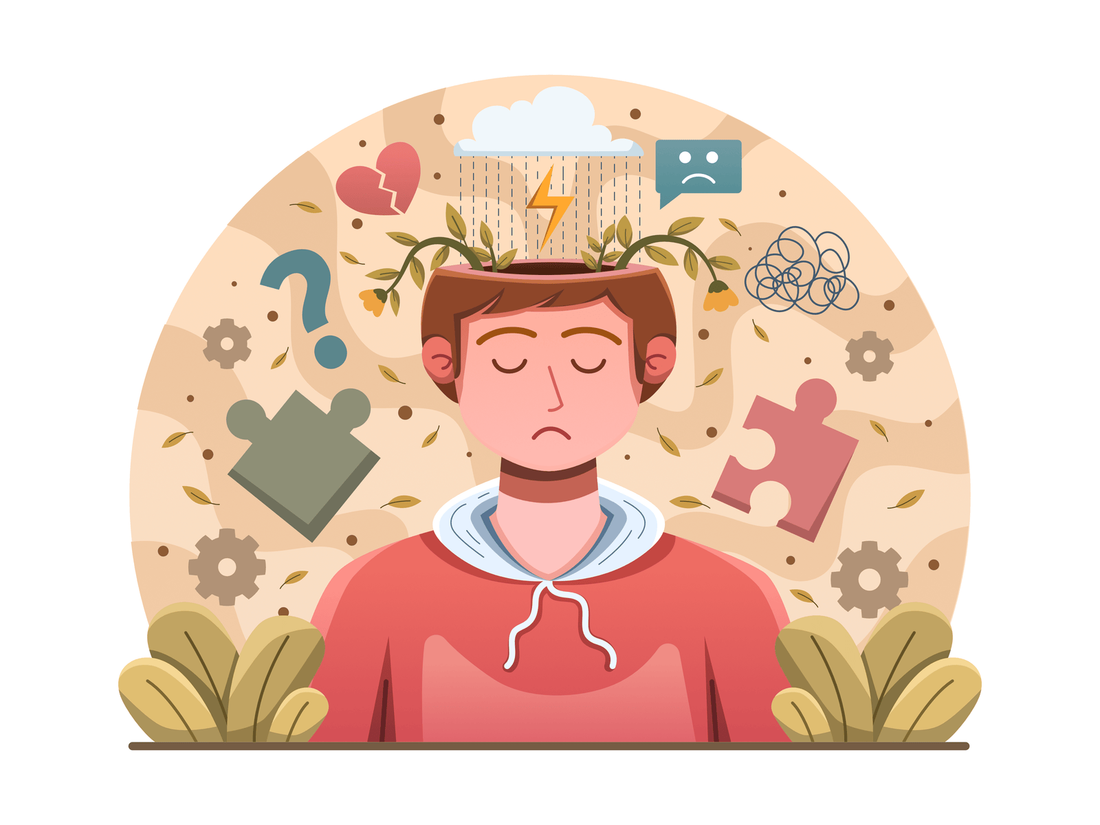 Ilustración: una persona con la cabeza abierta como una maceta, con plantas creciendo dentro bajo una nube de lluvia.