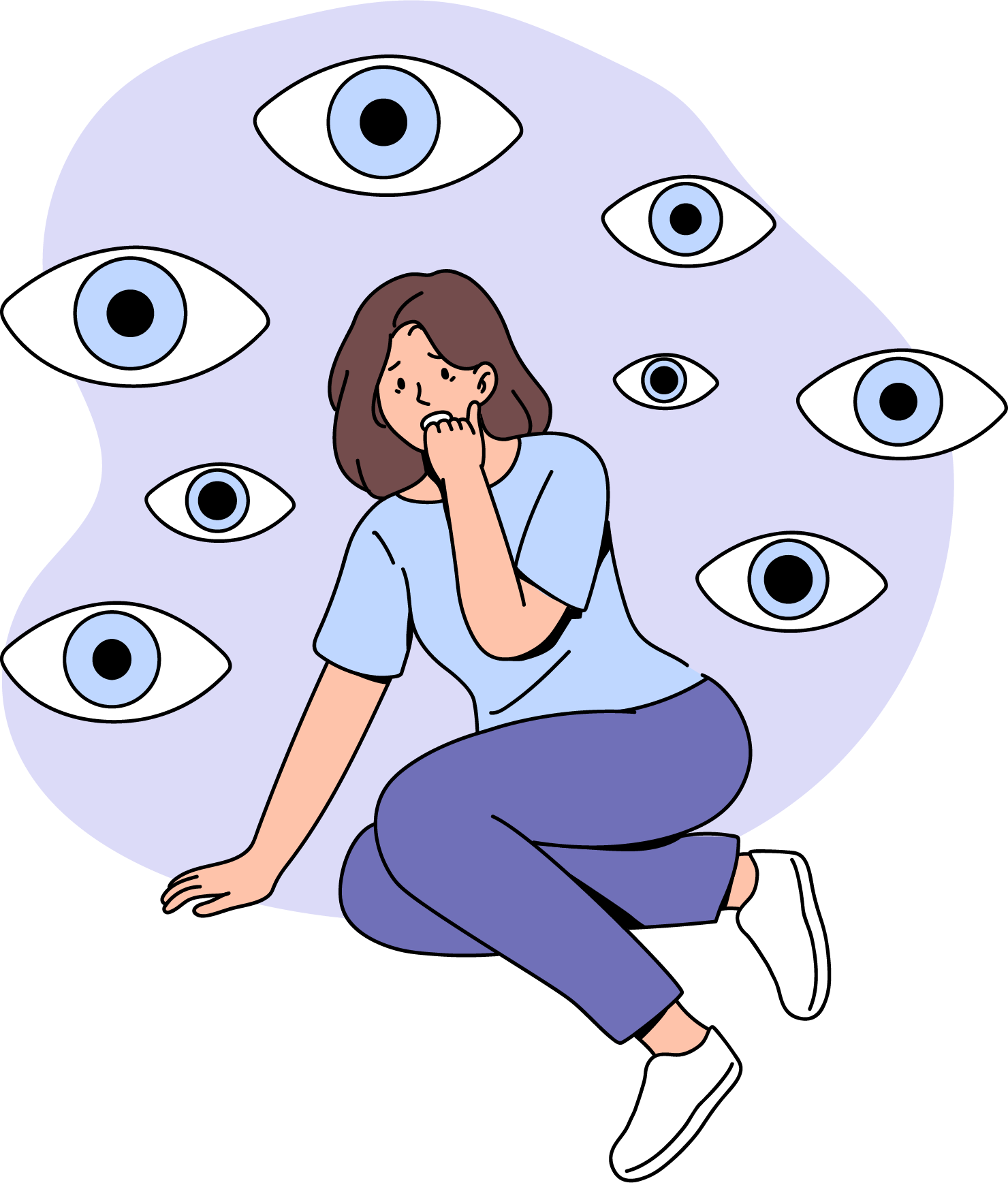 Ilustración: una mujer sentada en el suelo se muerde una uña, rodeada de ojos grandes que la miran.