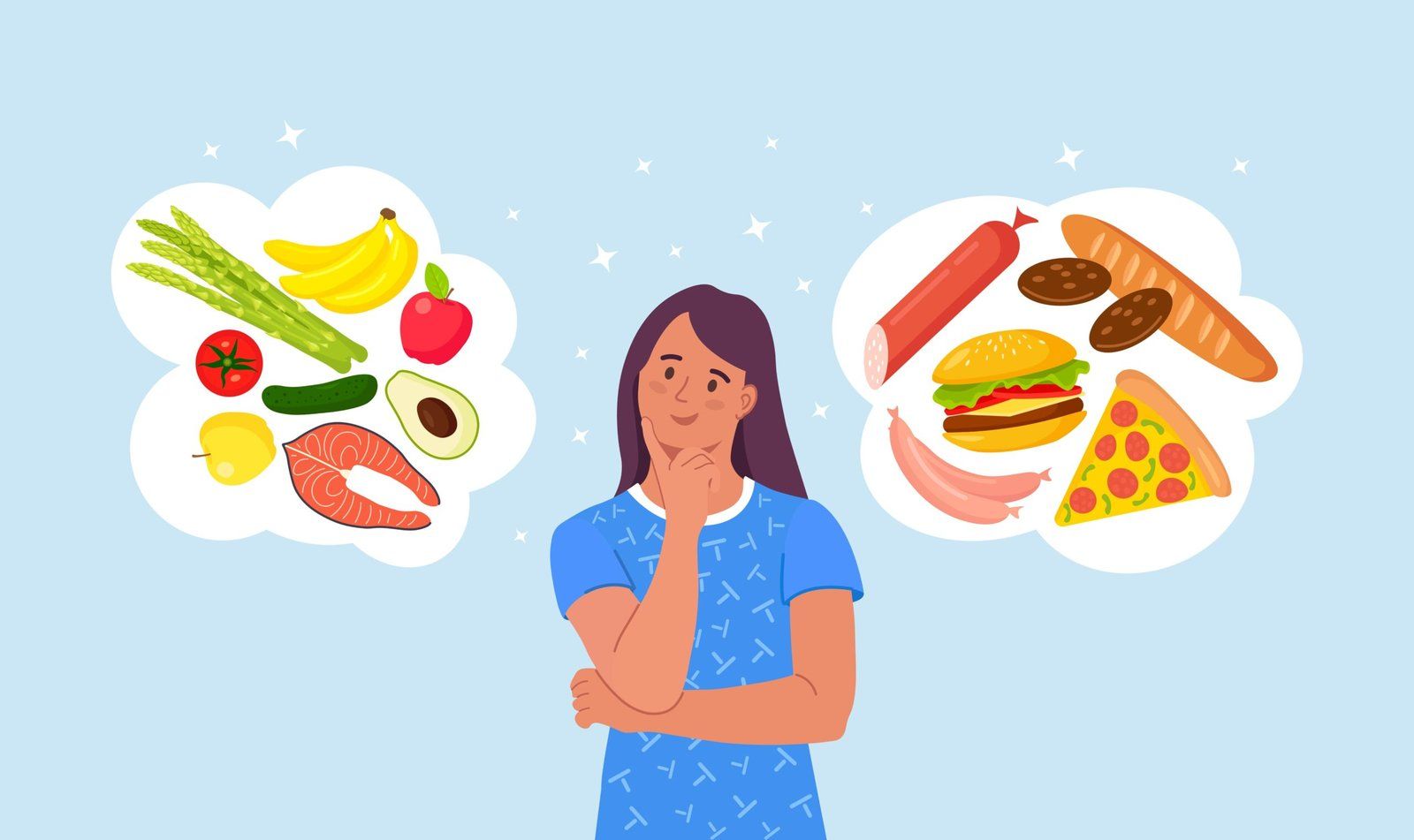 Ilustración: una mujer piensa entre dos nubes de comida, una con fruta, verdura y pescado y otra con hamburguesa, pizza y embutido.
